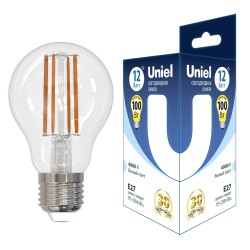 Лампа светодиодная филаментная Uniel UL-00006846 E27 12W 4000K груша прозрачная LED-A60-12W/4000K/E27/CL GLA03TR